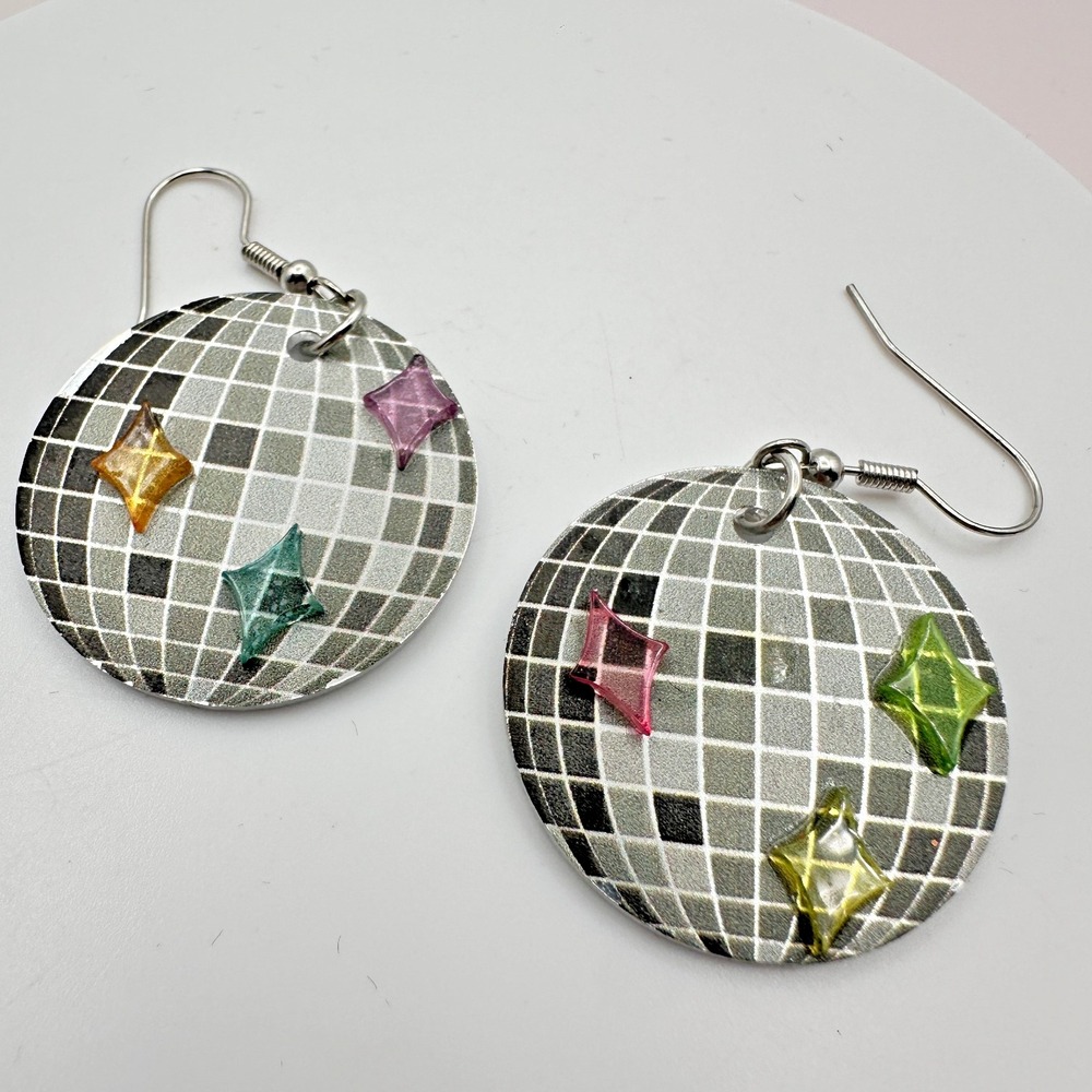 Vintage Y2K Glitter Disco Ball Dangle Earrings Silver Tone Retro Jewelry